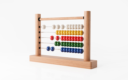 High quality 3d render of an abacus isolated on white background. Horizontal composition with copy space. Perspective view. Clipping path is included. Great use for back to school concepts.