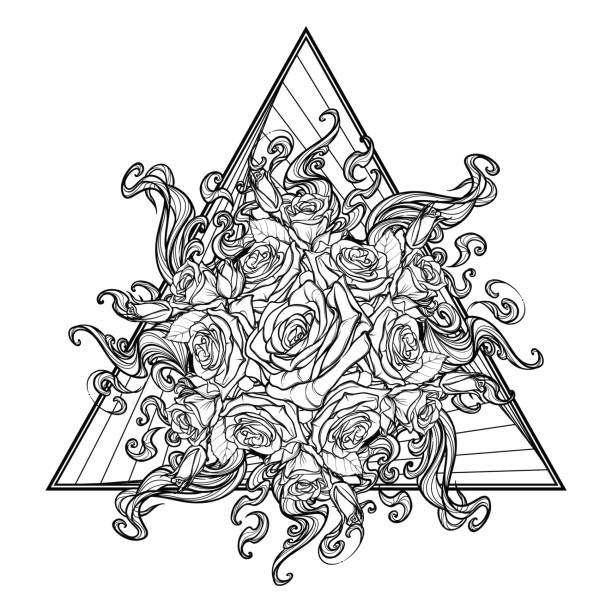 Alchemic Element Of Fire Sign Triangle Pointing Up With Rose Garland And  Sun Flares Concept Design For The Tattoo Colouring Book Or Postcard Stock  Illustration - Download Image Now - iStock