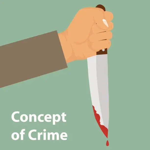 Vector illustration of A knife with blood in his hand. The concept of crime. Drops of blood drain from the knife
