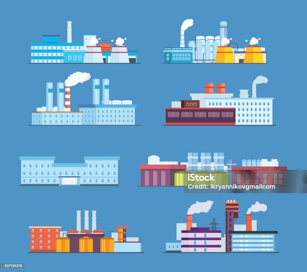 Set buildings: industrial, chemical, helium plants, oil, administrative building, hospital Set of industrial and factory buildings: industrial, chemical, helium plants, oil, administrative building and hospital. Modern vector illustration isolated. Factory stock vector