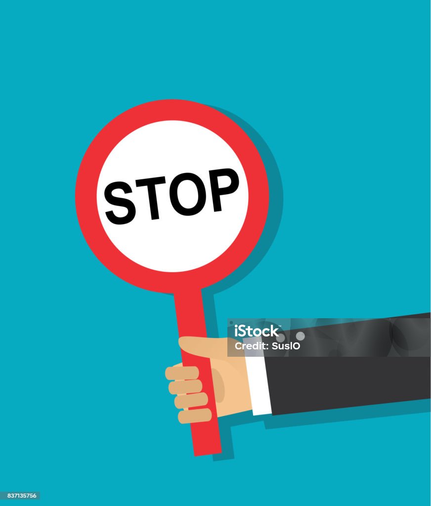 Hand holds a round stop sign Human hand holds a red round stop sign Stop Sign stock vector