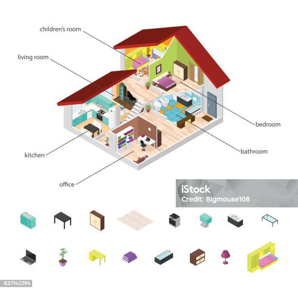 House In Cutaway And Element Set Isometric View Vector Stock Illustration - Download Image Now