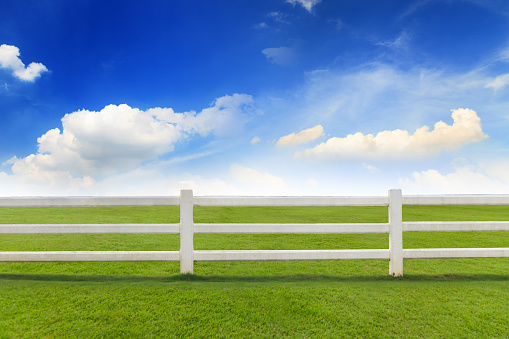 Beautiful landscape of Green meadow under blue sky with white fence