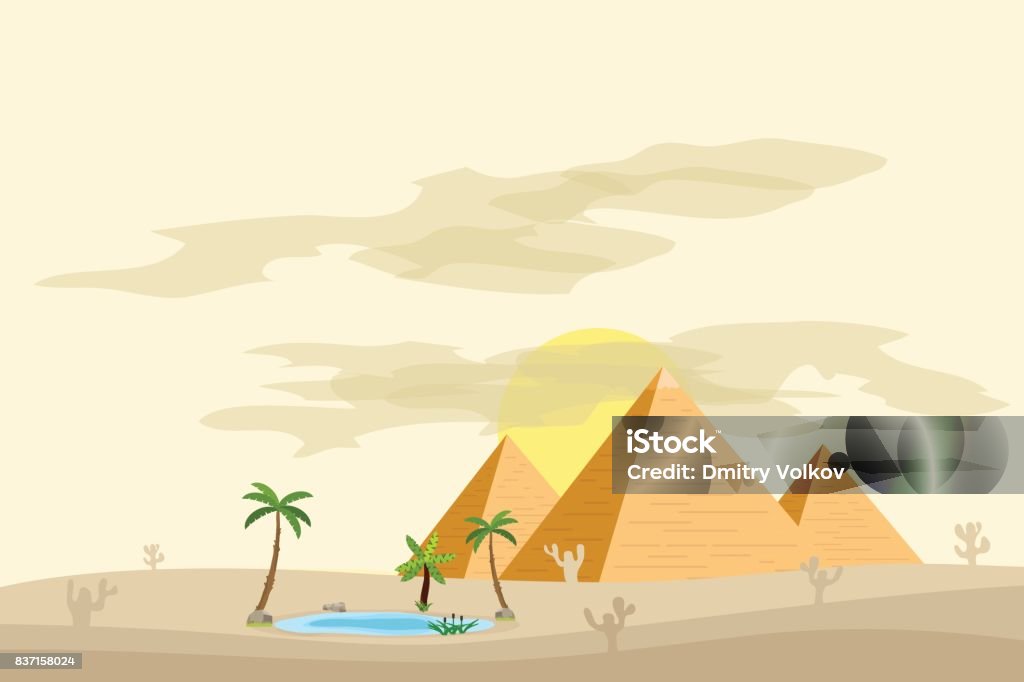 Egyptian pyramids, near an oasis with palm trees and water. Egyptian pyramids, near an oasis with palm trees and water. Flat design, vector illustration, vector. Egypt stock vector