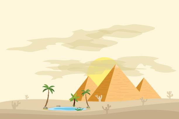 Egyptian pyramids, near an oasis with palm trees and water. Egyptian pyramids, near an oasis with palm trees and water. Flat design, vector illustration, vector. desert-oasis stock illustrations