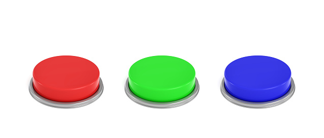 3d rendering of three colorful push buttons, a red, a blue and a green one. Accessibility. Security and control. Traffic light.
