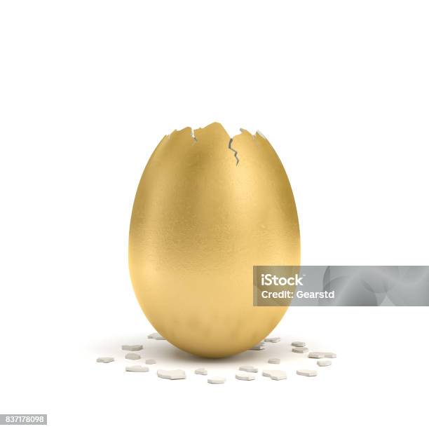 3d Rendering Of A Large Golden Egg With A Broken Off Pointy Top And Small Pieces Of The Shell Lying On White Background Stock Photo - Download Image Now