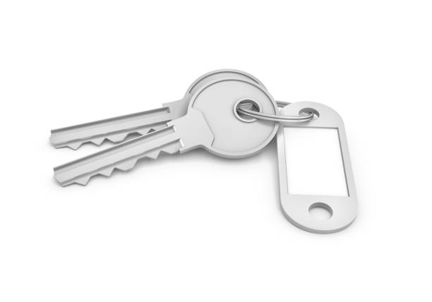 istock 3d rendering of two isolated silver keys on a key ring with a blank label 837178302