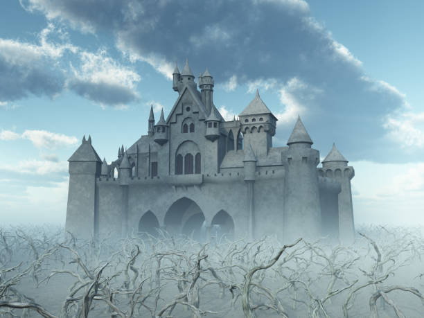 istock Castle and dead trees in the fog 837202054