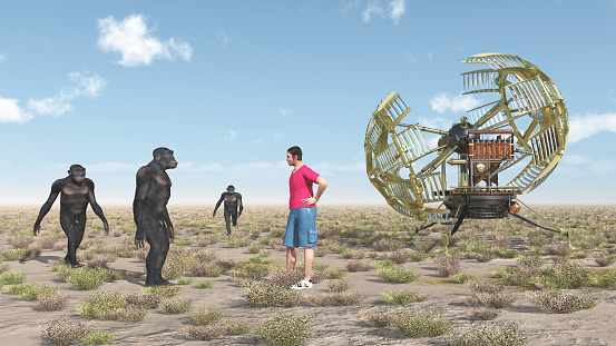 Computer generated 3D illustration with time traveler, time machine and homo habilis