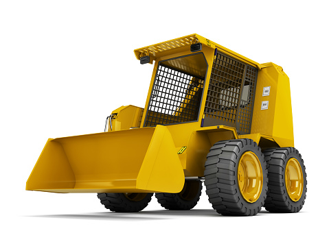 Hydraulic wheeled loader. Perspective. Wide angle. 3D rendering isolated on white background
