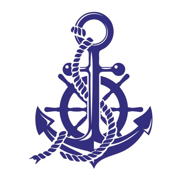 illustrazioni stock, clip art, cartoni animati e icone di tendenza di illustrazione vettoriale simbolo ruota ancora e navi isolata su sfondo bianco - anchor harbor vector symbol