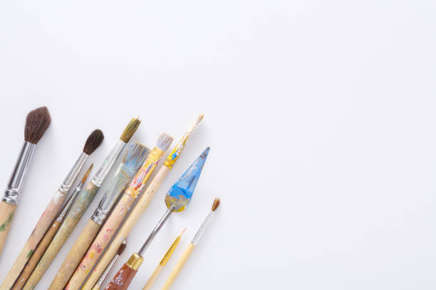 istock Drawing tools, set of dirty paint brushes in row 837234478