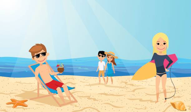 ilustrações de stock, clip art, desenhos animados e ícones de people relax on the beach. young man in the chaise, the girl with the surfboard. couple in love walks on the beach. - cair no sofá