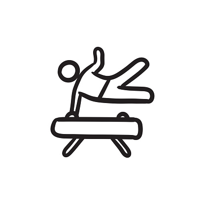Gymnast exercising on pommel horse vector sketch icon isolated on background. Hand drawn Gymnast exercising on pommel horse icon. Gymnast on pommel horse sketch icon for infographic, website or app.