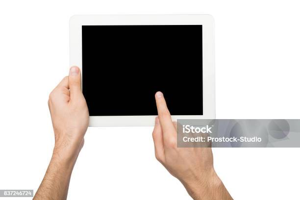 Man Holding Digital Tablet With Blank Screen Stock Photo - Download Image Now - Digital Tablet, Hand, Finger