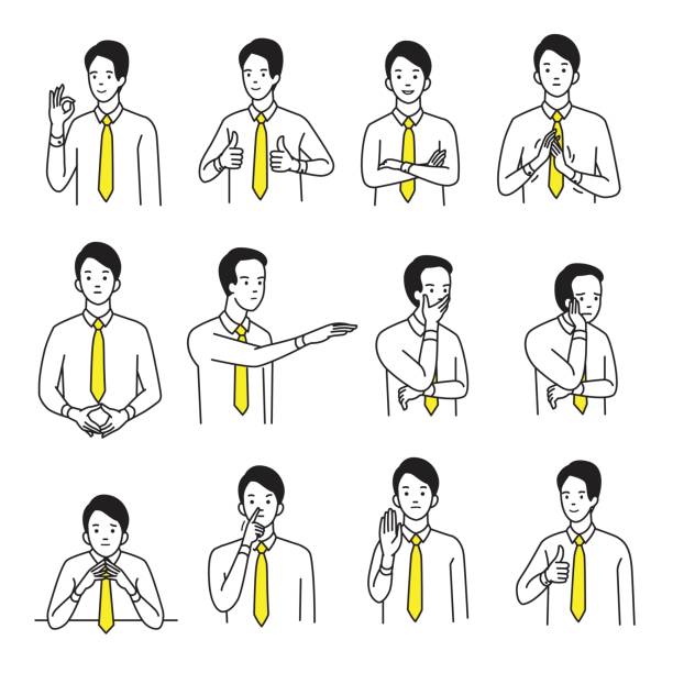 illustrazioni stock, clip art, cartoni animati e icone di tendenza di set di segni a mano in linguaggio del corpo - esprimere a gesti illustrazioni