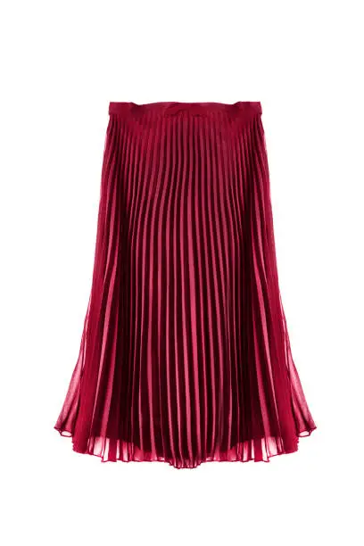 Pleated silk red midi skirt on white background