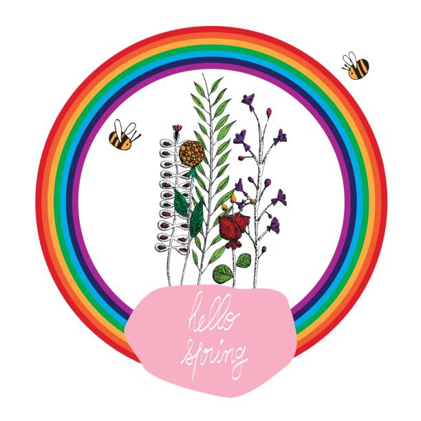 Quote Hello Spring with flowers and rainbow vector art illustration