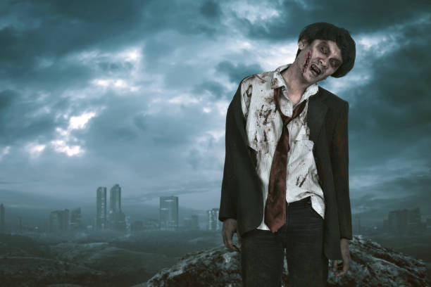 istock Horrible asian zombie man standing with head tilt 837256040