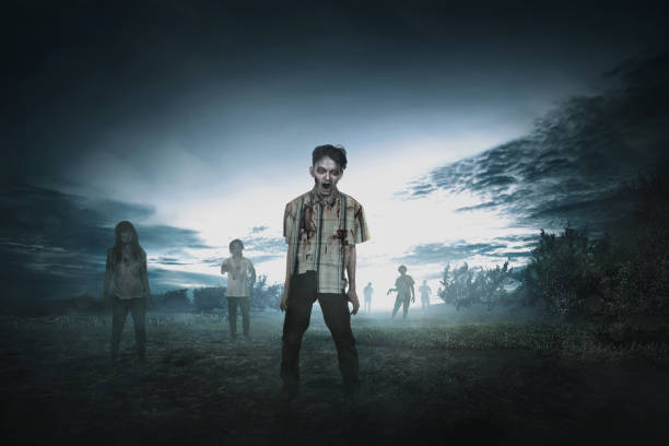 istock Crowd of aggressive asian zombies walking around 837259716