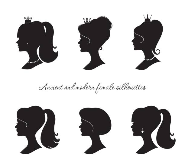 ilustraciones, imágenes clip art, dibujos animados e iconos de stock de conjunto de siluetas mujeres hermosas. perfiles de la mujer joven moderna y antigua. aislado en blanco. - princess queen nobility glamour