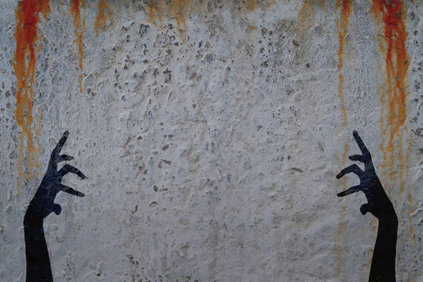 istock Shadows of two corpse hands on concrete wall with blood drops background. Halloween theme illustration 837280500