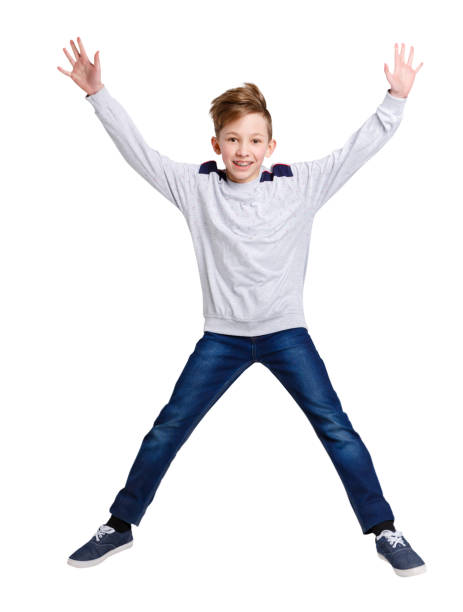 istock Happy laughing boy jumping on white isolated background 837284358