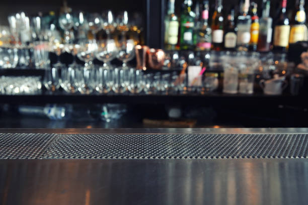 istock Counter bar with glass background in dark tone 837285238