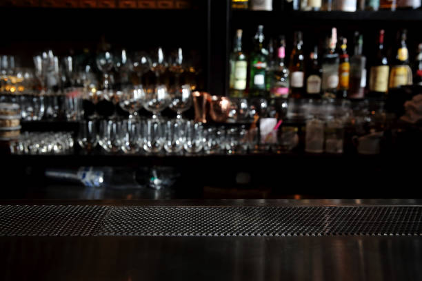 istock Counter bar with glass background in dark tone 837291366