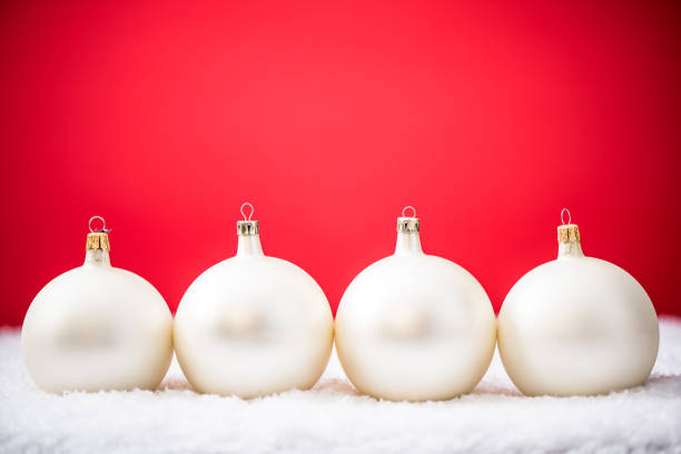 White Christmas balls and snow, festive template design.