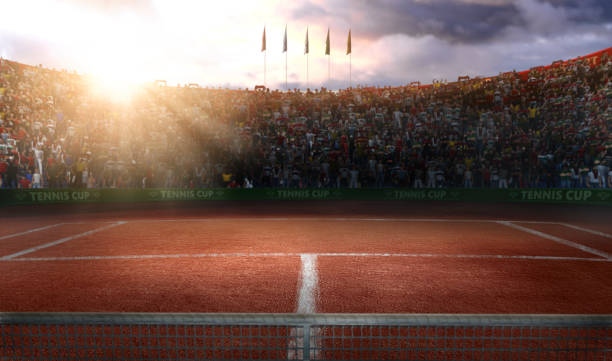 Tenis ground court grande arena 3d rendering Tenis court Stadium red ground in sunset tennis stock pictures, royalty-free photos & images