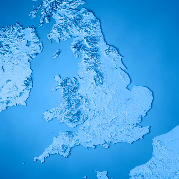 England Country 3D Render Topographic Map Blue