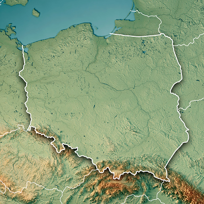 3D Render of a Topographic Map of Poland.\nAll source data is in the public domain.\nColor texture: Made with Natural Earth. \nhttp://www.naturalearthdata.com/downloads/10m-raster-data/10m-cross-blend-hypso/\nBoundaries Level 0: Humanitarian Information Unit HIU, U.S. Department of State (database: LSIB)\nhttp://geonode.state.gov/layers/geonode%3ALSIB7a_Gen\nRelief texture and Rivers: SRTM data courtesy of USGS. URL of source image: \nhttps://e4ftl01.cr.usgs.gov//MODV6_Dal_D/SRTM/SRTMGL1.003/2000.02.11/\nWater texture: SRTM Water Body SWDB:\nhttps://dds.cr.usgs.gov/srtm/version2_1/SWBD/