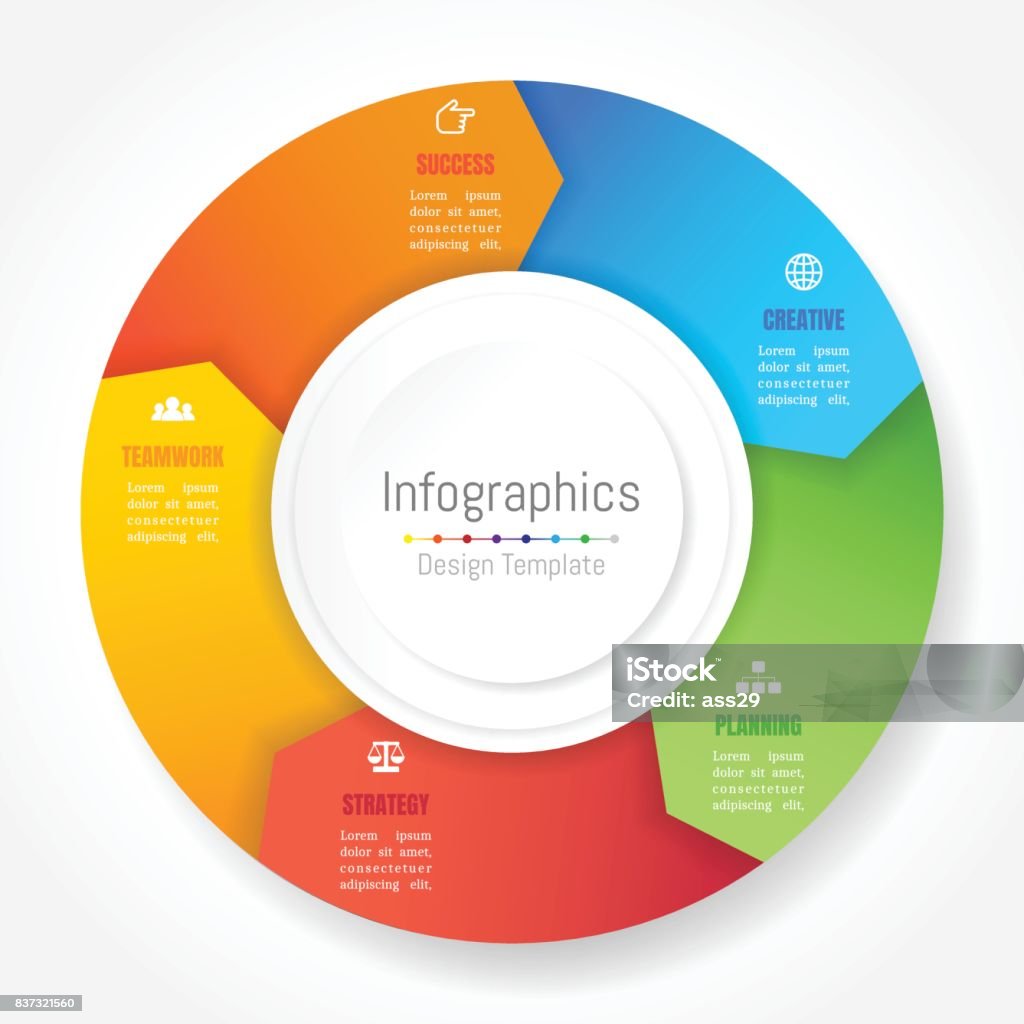 Infographic design elements for your business data with 5 options, parts, steps, timelines or processes, Arrow wheel circle style. Vector Illustration. Five Objects stock vector