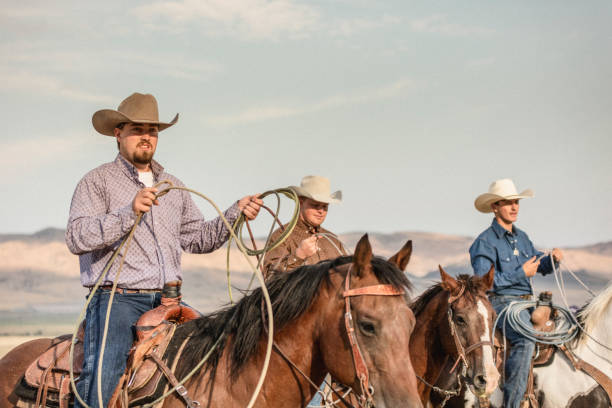 istock Three cowboys horseback riding together on a ranch. 837322072