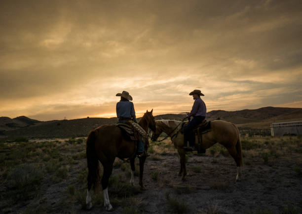 istock Two cowboys horseback riding at sunset. 837322408