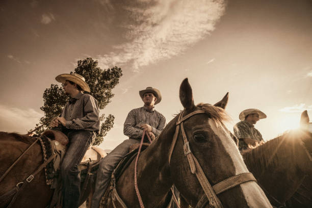 istock Three cowboys horseback riding at sunset. 837322420