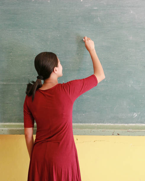 istock asian teacher writing on blackboard with chalk in classroom, Educations concept. 837322628