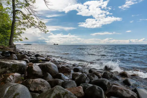 A view of Mille Lacs Lake from a rocky shore.
