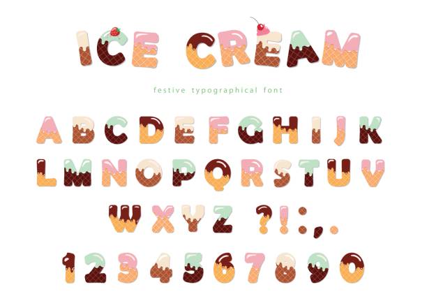ilustrações de stock, clip art, desenhos animados e ícones de ice cream font. cute wafer letters and numbers can be used for birthday card, baby shower, valentines day, sweets shop, girls magazine, collages. isolated. - cone