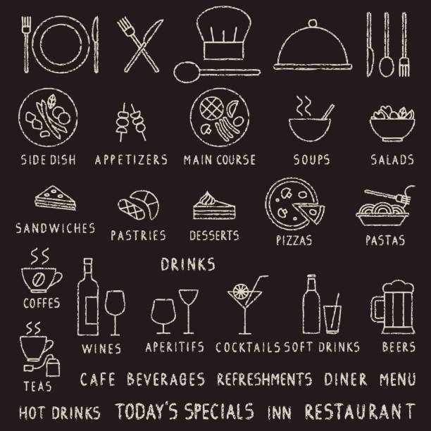 handgezeichnete kreide schlaganfall restaurant umriss vektor-icons auf tafel - hauptgericht stock-grafiken, -clipart, -cartoons und -symbole