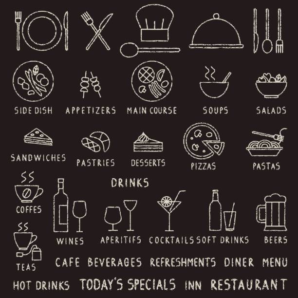 ilustraciones, imágenes clip art, dibujos animados e iconos de stock de mano dibujado a tiza movimiento restaurante contorno vector iconos en pizarra - salad food beer restaurant