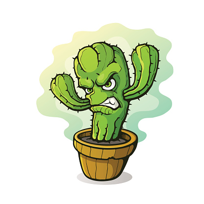 Vector illustration. Angry thorny cactus clenched teeth from anger in a flowerpot. Cartoon character with contour. Isolated on white background