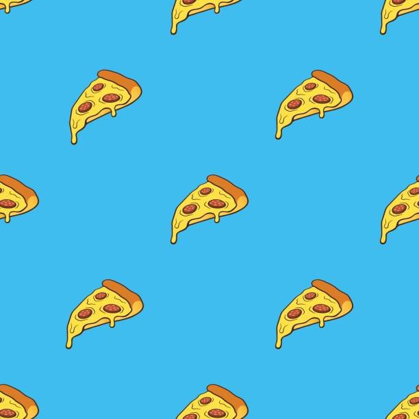 ilustrações de stock, clip art, desenhos animados e ícones de vector illustration. seamless pattern with pizza slice in pop art style on blue background. fast food and italian cuisine. pattern with contour - pepperoni