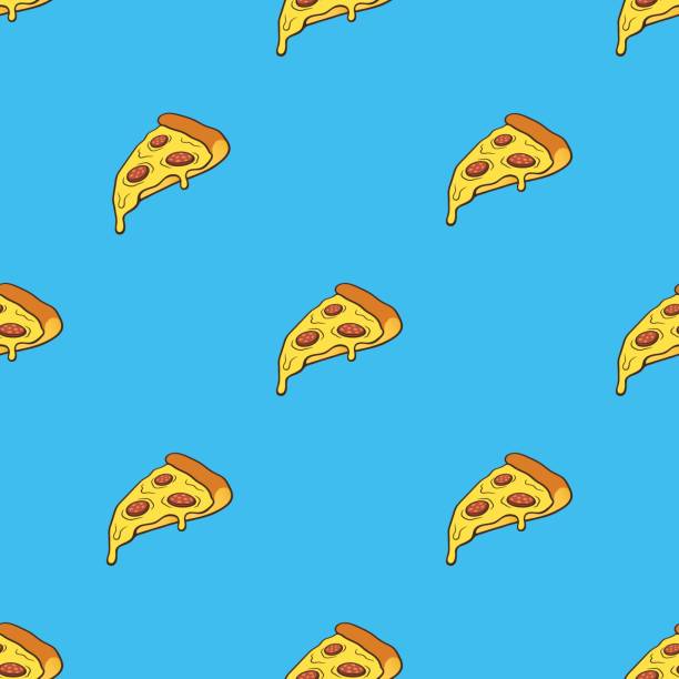 Vector illustration. Seamless pattern with pizza slice in pop art style on blue background. Fast food and italian cuisine. Pattern with contour Vector illustration. Seamless pattern with pizza slice in pop art style on blue background. Fast food and italian cuisine. Pattern with contour pizza designs stock illustrations