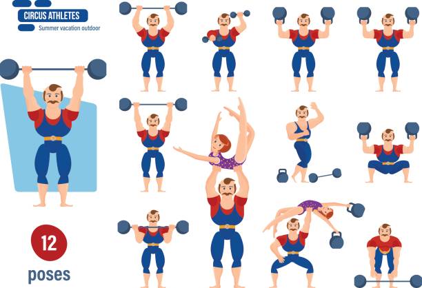 ilustrações, clipart, desenhos animados e ícones de atleta do sexo masculino, entretém o público, mostrando exercícios de força com halteres - circus strongman men muscular build