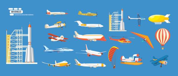 Air vehicles: missile, helicopter, airship, balloon, paraglider, biplane, glider, aircrafts Big set of air vehicles: missile with base, hang-glider, helicopter, airship, balloon, paraglider, biplane, land glider, amphibian aircraft. Modern vector illustration isolated on blue background gliding stock illustrations