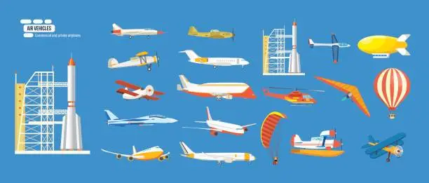 Vector illustration of Air vehicles: missile, helicopter, airship, balloon, paraglider, biplane, glider, aircrafts