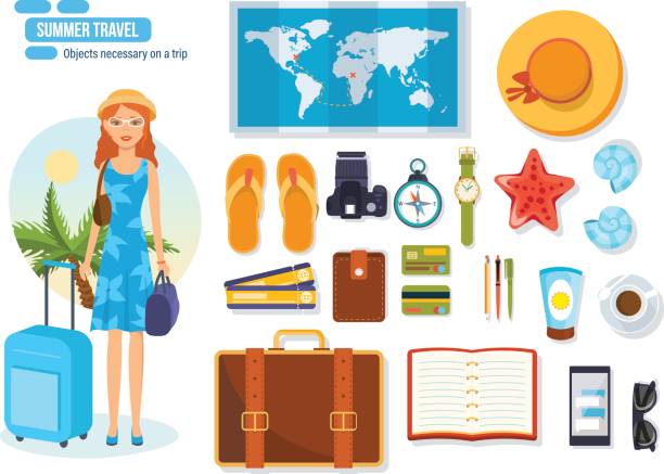 podróżuj, odpoczywaj na morzu, przedmioty niezbędne w podróży i przywiezione - photograph travel people traveling luggage stock illustrations